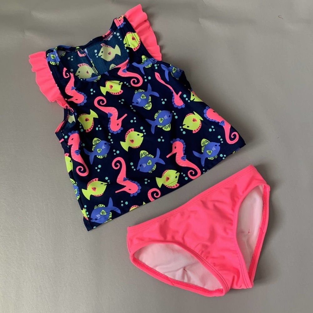 Girls 2 pc Bikini Seahorse and Fish Print Bow Bottoms Size 4